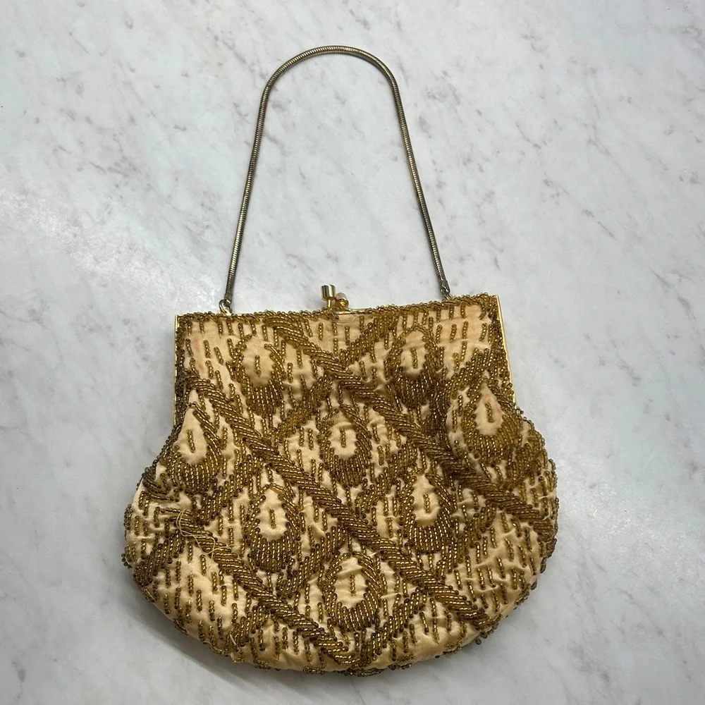 Vintage Elegant Gold Beaded Evening Bag 7”x 6” Preowned Clean